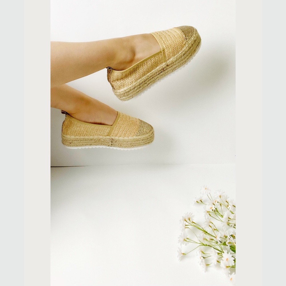 Straw Glittery Contrast Platform Espadrilles